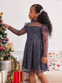 SHEIN Tween Girls' Long Sleeve Shiny Mesh Ruffle Trim Party Dress, Elegant & Pretty For Autumn/Winter, For Christmas - Blue - View 3