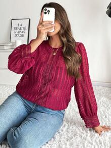 SHEIN Frenchy Plus Solid Fall Lantern Sleeve Blouse Without Cami Top,Lace,Long Sleeves,Date Night