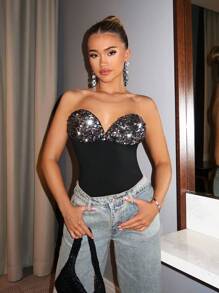 SHEIN BAE Combinaison moulante et bustier pour femme avec épissures de sequins pour soirée