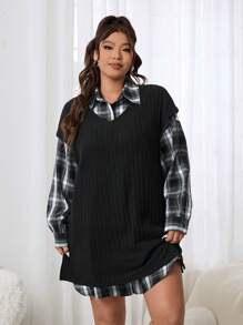 SHEIN EZwear Plus Size Plaid Shirt Dress With Solid Color Camisole 2 Pieces Set, Casual For Autumn