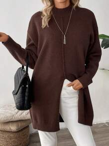 Women Solid Color Mock Neck Side Slit Long Casual Knit Sweater - Brown - View 4