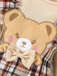 Baby Girl's Christmas Cartoon Deer Print Knit Round Neck Long Sleeve Top & Plaid Bow Pants With Headband Set, Autumn/Winter - Apricot - View 3