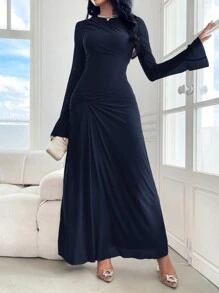 Modelyn 女士纯色圆领扭结设计优雅长袖连衣裙长款晚礼服 - 藏蓝色 - 查看 3