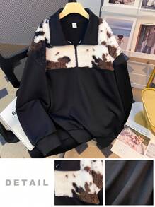 SHEIN 少女黑色/秋/冬/休闲宽松/扎染撞色缝线拉链露肩运动衫 - 黑色 - 查看 7