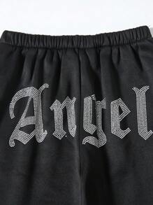 SHEIN Young Girls Casual All-Match Loose Oversized Sport Streetwear Diamond Angel Letter Print Black Jogger Pants, Suitable For Autumn, Winter, Street, School, Sports - Black - View 3