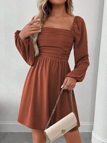 EMERY ROSE Đầm xòe tay đèn lồng màu trơn thanh lịch cho nữ, phù hợp cho mùa thu - Rỉ Nâu - Xem 6