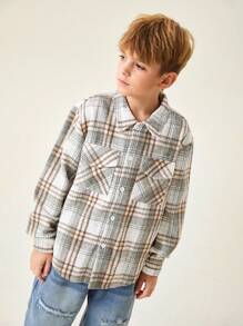 SHEIN 青少年男孩休闲加厚格子纽扣衬衫，美式风格 - 灰色 - 查看 6