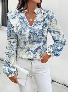 Chiquease Blouse met lange mouwen, ingekerfde v-hals en ruches met volledige print