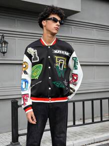 Manfinity Unisex Chaqueta informal de punto con patrón impreso y hombros caídos para hombre, adecuada para salir en otoño. Chaqueta de manga larga con bloques de color gráfica, para regalos a amigos, esposo o novio