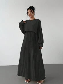 Chiquease 女式优雅仿两件套腰部褶饰下摆长袍连衣裙