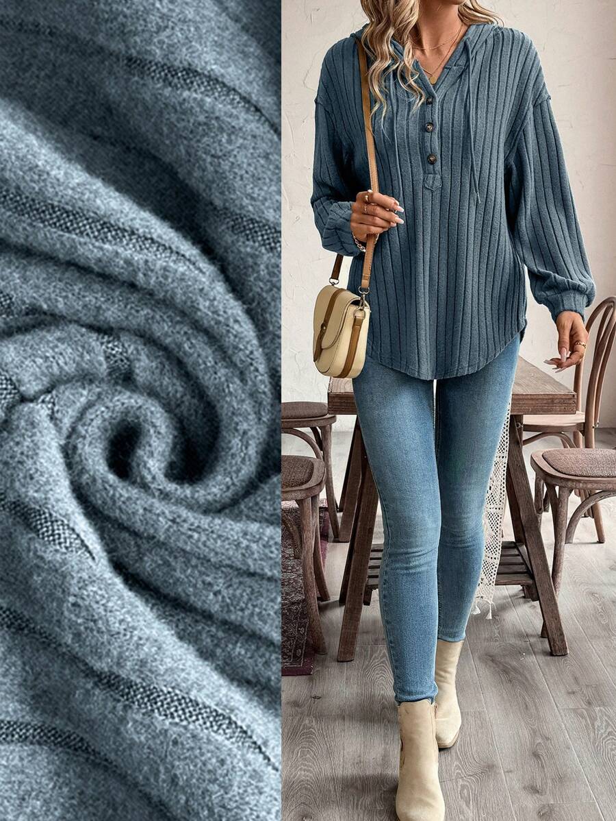 EMERY ROSE 女士休闲纯色罗纹落肩宽松弧形下摆半开襟抽绳连帽卫衣，春秋季 - 藍色 - 查看 1