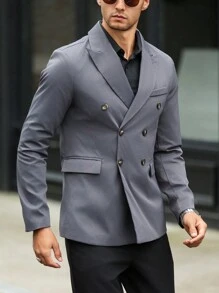 Manfinity Mode 男士纯色立领双排扣长袖西装外套，商务正装，秋季 - 深灰色 - 查看 6