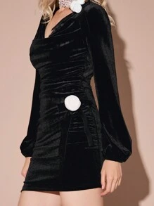 Enchnt Vestido elegante de longitud hasta la rodilla con cuello de barco, manga farol y decoración floral 3D para mujeres