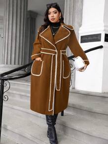 SHEIN Unity Plus Size Contrast Color Trim Long Casual Coat, Autumn/Winter - Coffee Brown - View 6