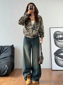 Coolane 女士秋冬情侣同款/情侣同款/基础款/外出针织迷彩保暖内衬保暖拉链绿色宽松长袖运动衫，长袖上衣 - 軍綠色 - 查看 2