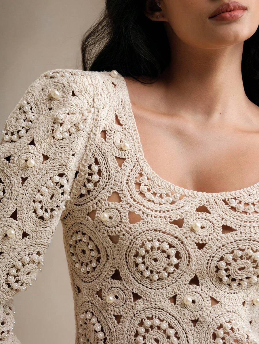 Anewsta Elegant Square Neck Hollow Out Retro Crochet Lantern Sleeve Top, Suitable For Spring & Autumn - Apricot - View 1