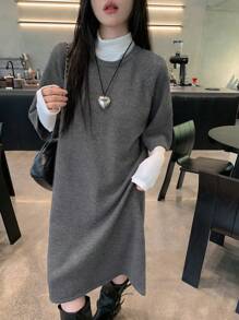 DAZY 女士休闲纯色插肩袖毛衣裙秋冬 - 灰色 - 查看 2
