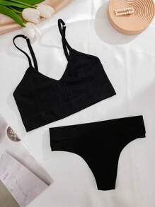 SHEIN Solid Seamless Bra & Panty Lingerie Set - Black - View 6