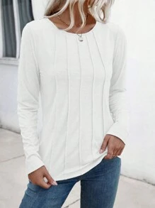 EMERY ROSE 女士休闲简约圆领长袖 T 恤，秋季 - 白色 - 查看 6