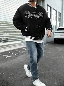 Manfinity Homme Men's Solid Color Splice Front Button Long Sleeve Letter Print Casual Padded Coat