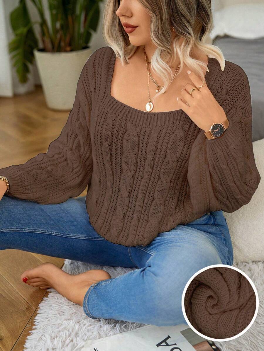 Calvaya 大码纯色长袖简约毛衣，休闲日常穿着，适合冬季 - 咖啡棕 - 查看 1