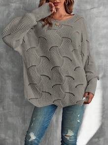 SHEIN LUNE 纯色圆领镂空休闲套头毛衣 - 灰色 - 查看 4