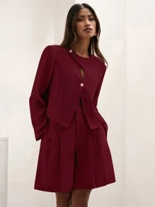 COSMINA 1 件女士时尚纯色镂空短夹克，秋季 - 酒紅色 - 查看 5