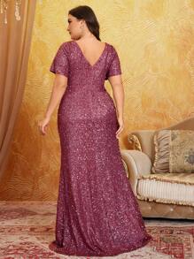 UNITHORSE Plus Size V-Neck Elegant Glittering Sequin Luminous Dress, High-End Feel, Party Dress, Wedding Guest Dress, Formal Dress, Evening Dress, Bride Dress, Birthday Women Outfits, Graduation Dress - Red Violet - View 2