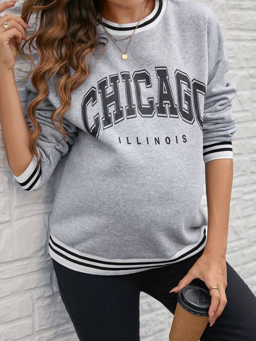 SHEIN Maternity Casual Color Block Striped Letter Print Round Neck Long