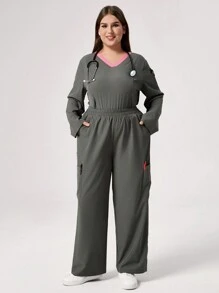 TaskEZ Plus Size Women's V-Neck Color Block Long Sleeve Pocket Scrub Uniform Top And Pants Set - Grey - View 8