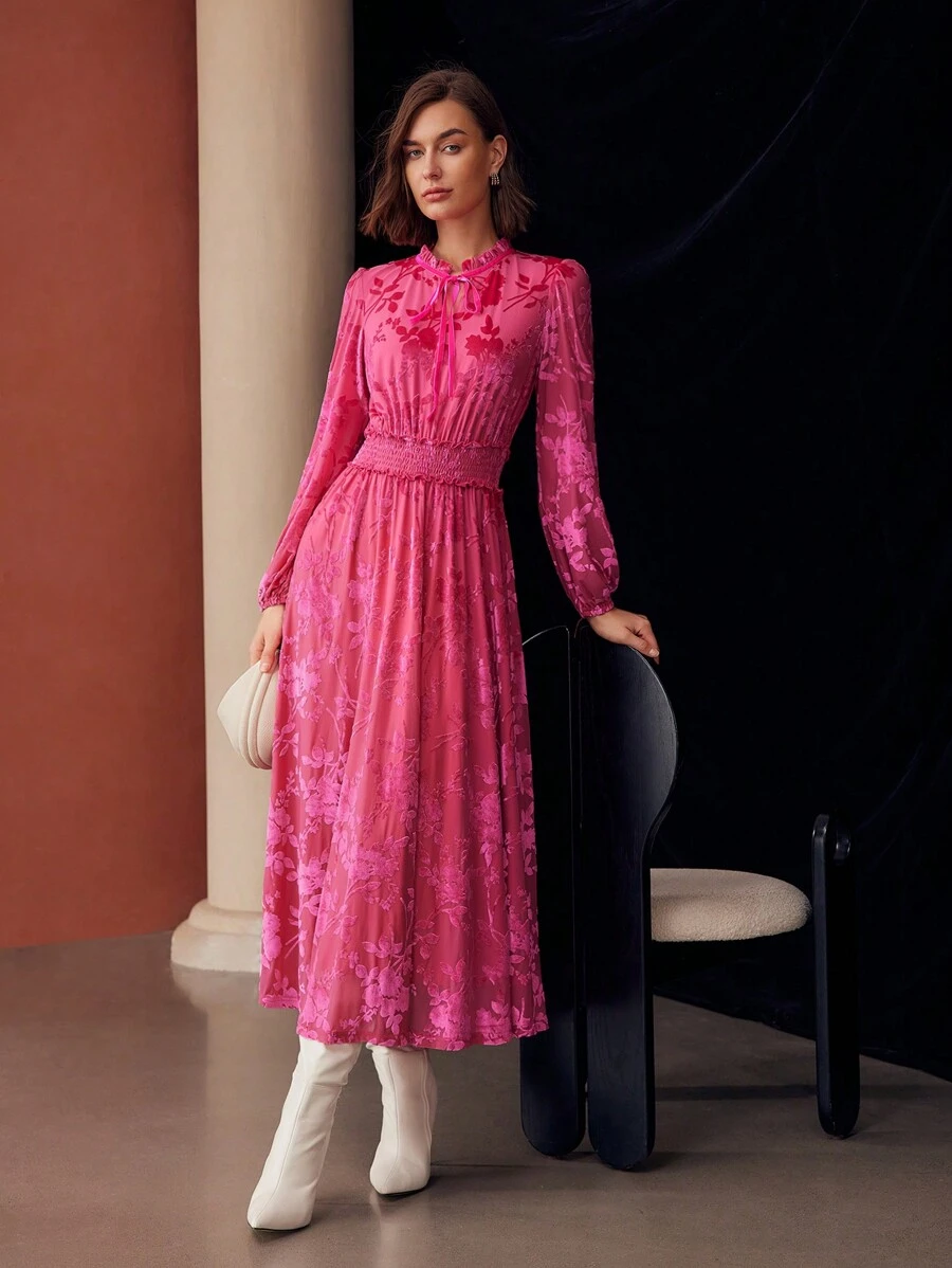 MOTF PREMIUM 天鹅绒花朵提花荷叶边系带领灯笼袖褶皱腰中长连衣裙，适合节日、派对服装、女士服装