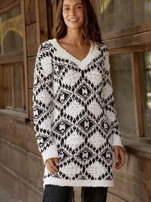 LanaWest Women Casual Colorblock Geometric Pattern Knitted Sweater Dress, Autumn/Winter - Black and White - View 4