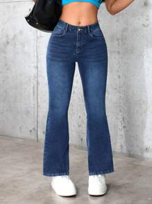 SHEIN PETITE Jeans acampanados delgados con diseño desgastado casual