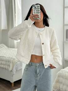 SHEIN EZwear 女式休闲纯色纹理短款夹克，秋季 - 杏色 - 查看 1