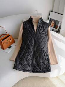 SHEIN Clasi 女士休闲纯色立领加垫背心夹克，秋冬 - 軍綠色 - 查看 3