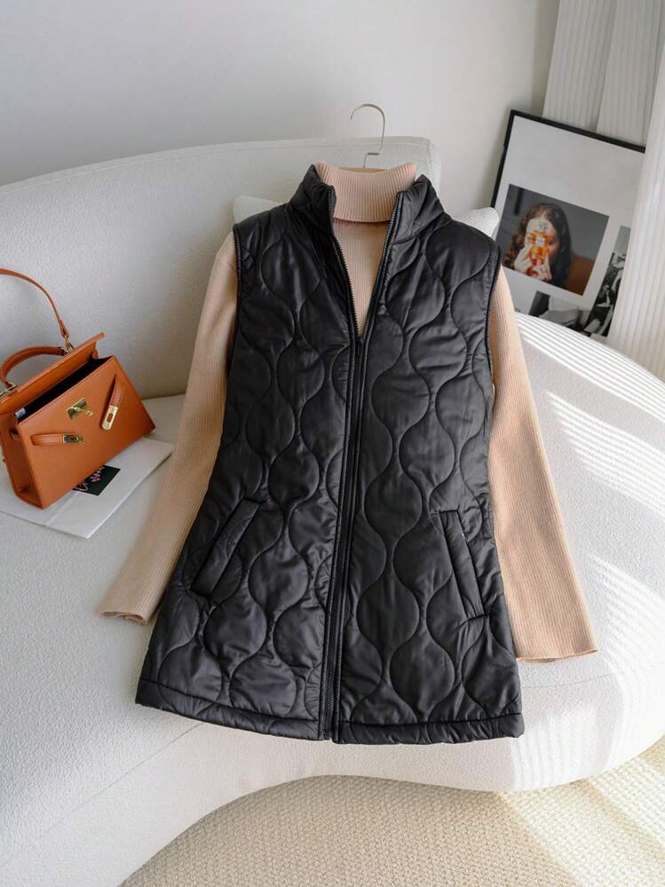 SHEIN Clasi 女士休闲纯色立领加垫背心夹克，秋冬 - 軍綠色 - 查看 3