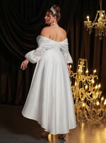 SHEIN Belle Plus Size White French Lace Splice Open Shoulder Flared Long Sleeve Asymmetric Elegant Bridal Cocktail Dress - White - View 5
