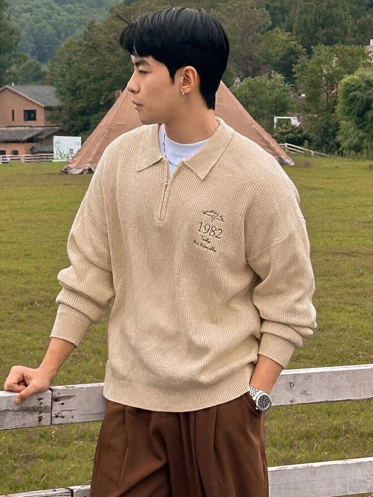 Autumn Men's Khaki Sweater With Letter Embroidery Quarter Zip Men