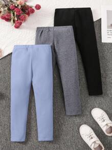3pcs/Set Legging Rajut Pas Badan Warna Polos untuk Anak Perempuan - Biru - View 2