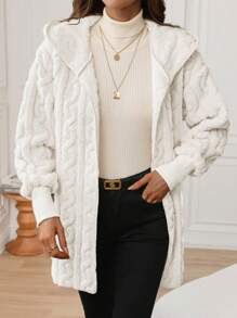 SHEIN LUNE Women's Regular Casual Hoodie Jacket With Ribbed Cuffs, Comfy Textured Double-Sided Fleece Material, Suitable For Daily Wear In Fall/Winter - Beige - View 5