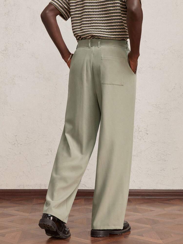 Men's Loose Long Straight Leg Casual Pants With Metal Zipper Decor And Letter Badge, Green Color, Suitable For Daily Wear, Parties, New Year And Christmas