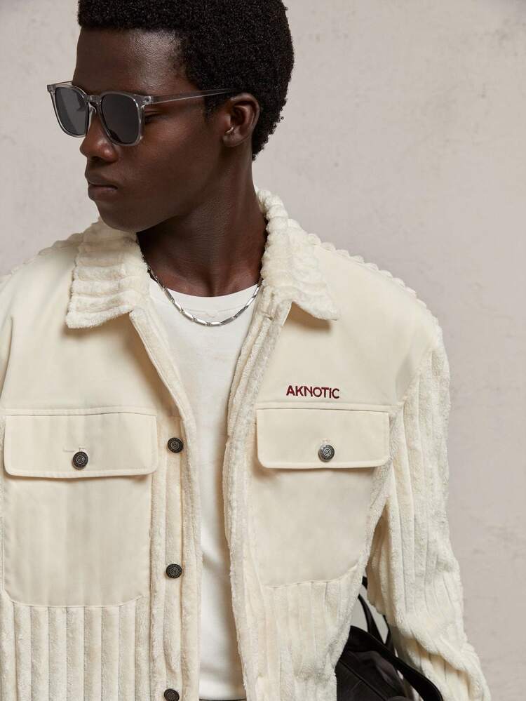 Giacca casual da uomo con collo alla coreana, rivestita in flanella, con ricamo di lettere, manica lunga, adatta per l'autunno e l'inverno