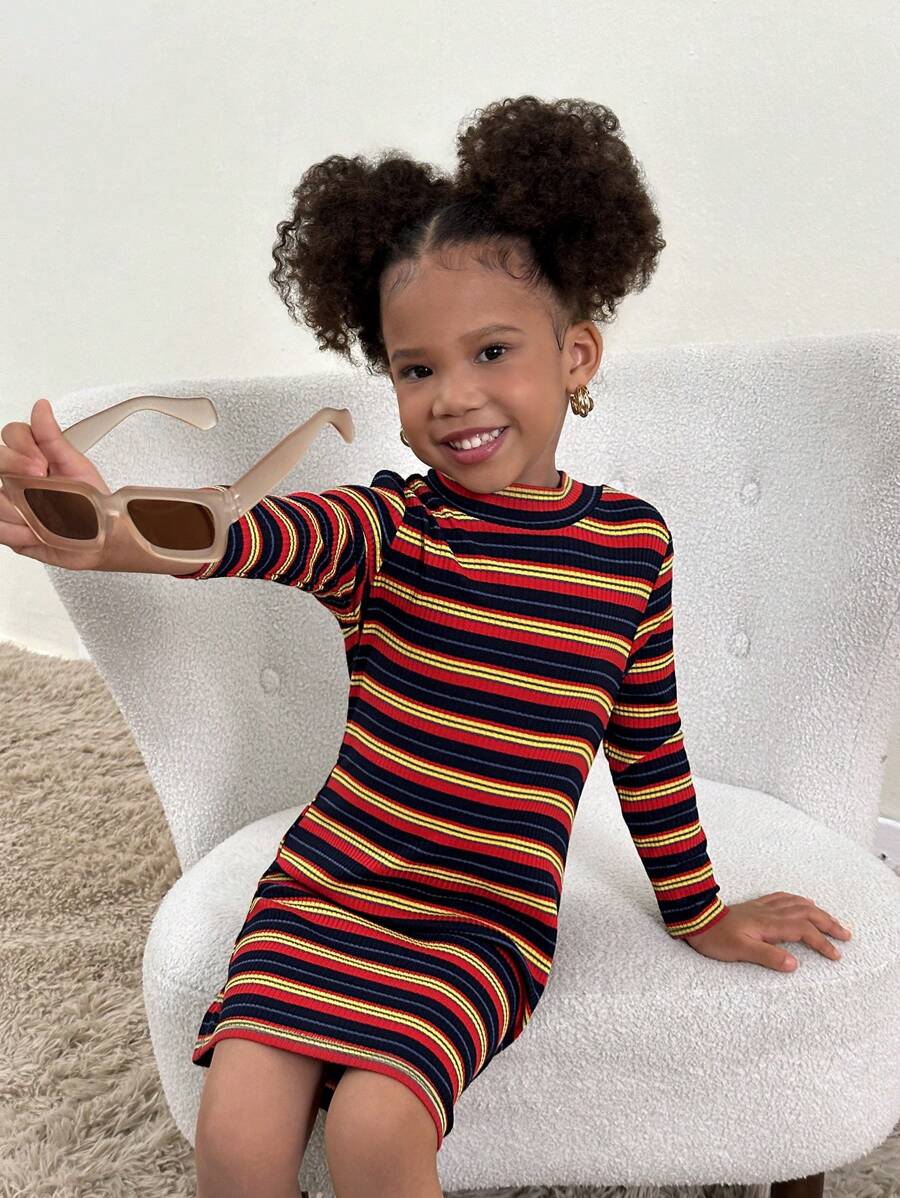 SHEIN Young Girl Casual Colorful Striped Knit Crew Neck Long Sleeve Dress