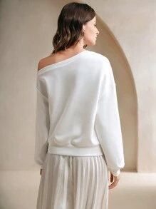 Anewsta Women's Elegant Sequin Embroidered Shoulder Loose Sweatshirt Top Pullover Fall - White - View 2