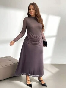 SHEIN Privé فستان كافتان مطبوع غرادياني للنساء كبيرات الحجم، بني اللون، مناسب للحفلات والعشاء - متعدد الألوان - مشاهدة 3