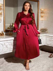 SHEIN Essnce Plus Size Women's Spring And Summer Fall Women Dresses Christmas Women Clothes Party Women Dresses Formal Women Dresses Formal Dress Christmas Women Dress New Year Eve Dress Red Christmas Dress Christmas Dress Business Casual Women Elegant Women Dresses Holiday Dress Thanksgiving Dress Thanksgiving Outfit Christmas Party Dress Fashionable And Elegant Party Satin Long Shirt Dress, Pocket Dress, Burgundy Dress Women Blouses Dress
