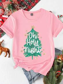 SHEIN Camiseta gráfica de manga corta para mujer con estampado casual de árbol de Navidad con lentejuelas, brillo y eslogan