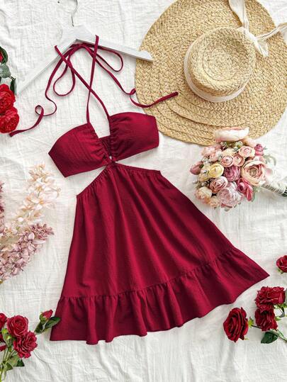 Soleia 女士性感露背镂空紧身迷你连衣裙，酒红色，夏季