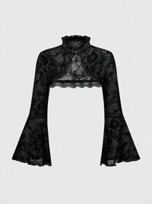 ROMWE Goth Chaqueta tipo cárdigan gótico versátil de talla grande con manga de campana abotonada y estampado flameado, para el invierno