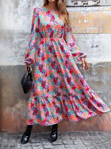 SHEIN LUNE 女士圆领长袖褶饰花卉印花休闲长裙 - 彩色 - 查看 1